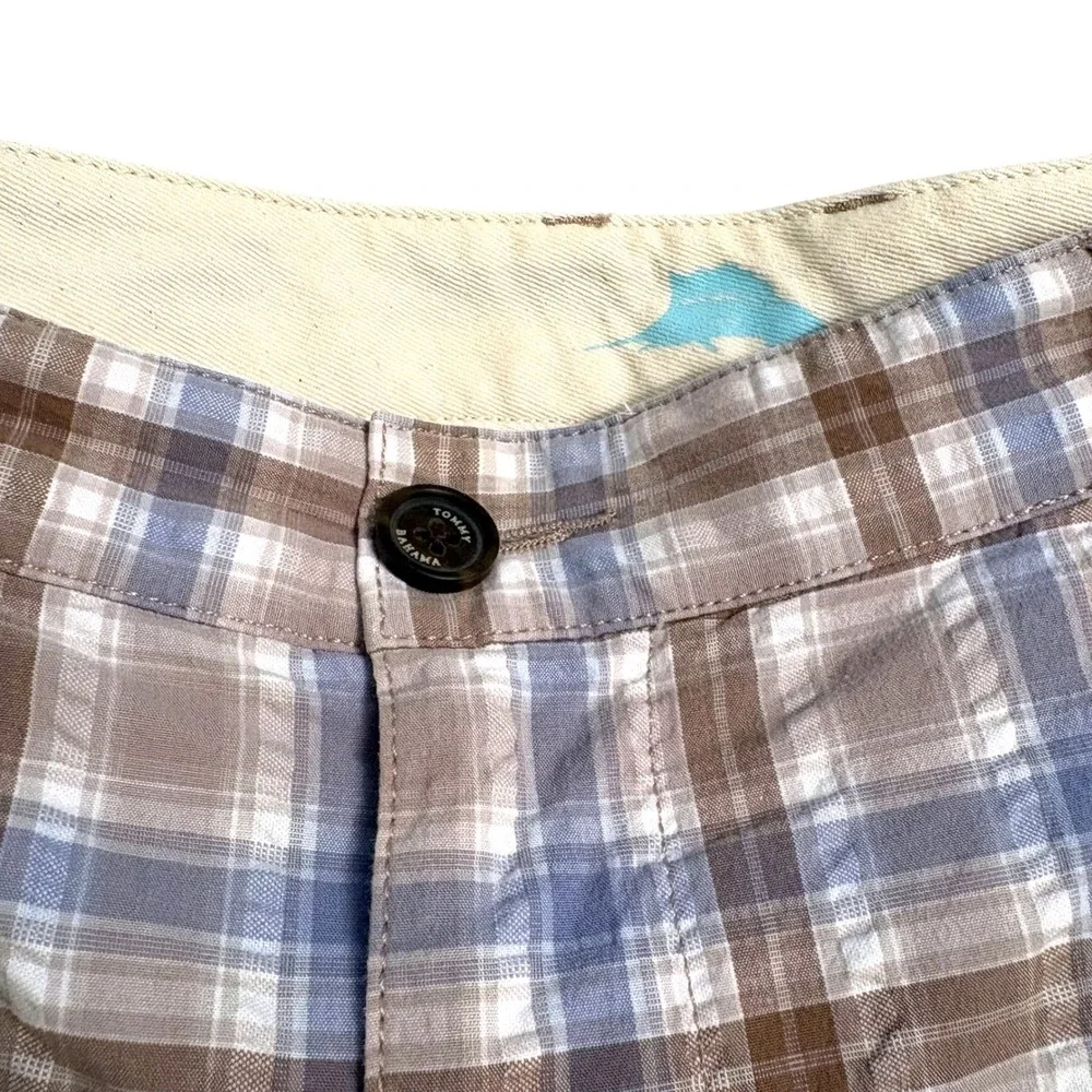 Tommy Bahama Mens 40 Plaid Shorts Brown Blue Seersucker Stretch Flat Front‎